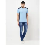 Men's Casual Colorblock Polyester Round Neck T-shirt (Blue)