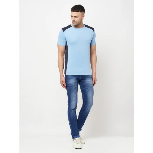 Men's Casual Colorblock Polyester Round Neck T-shirt (Blue)