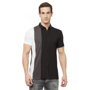 Men's Casual Colorblock Cotton Blend Collared Neck T-shirt (Black)