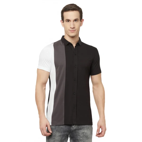 Men's Casual Colorblock Cotton Blend Collared Neck T-shirt (Black)