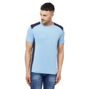 Men's Casual Colorblock Polyester Round Neck T-shirt (Blue)