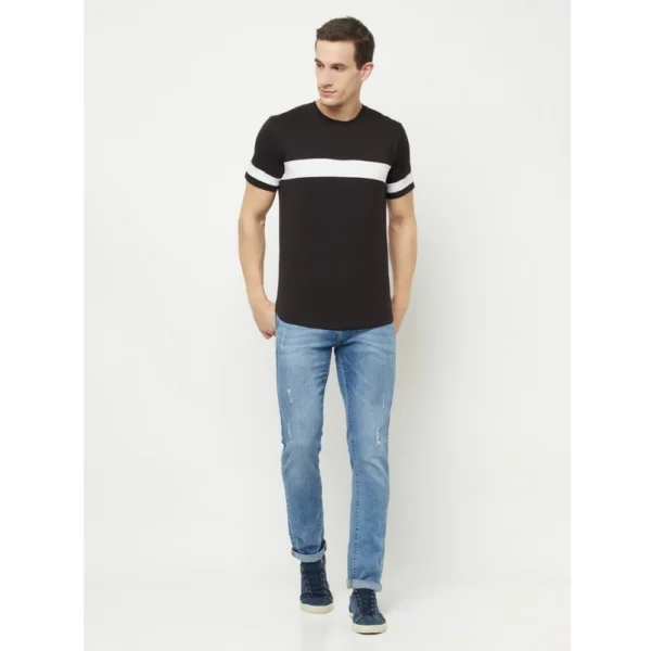 Men's Casual Striped Cotton Blend Round Neck T-shirt (Black & White)
