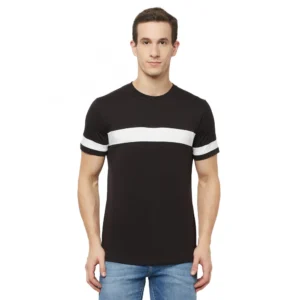 Men's Casual Striped Cotton Blend Round Neck T-shirt (Black & White)