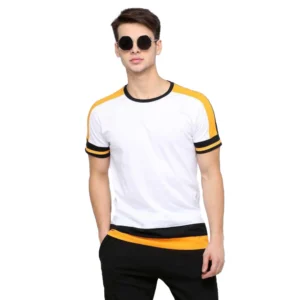 Men's Casual Colorblock Cotton Blend Round Neck T-shirt (White)