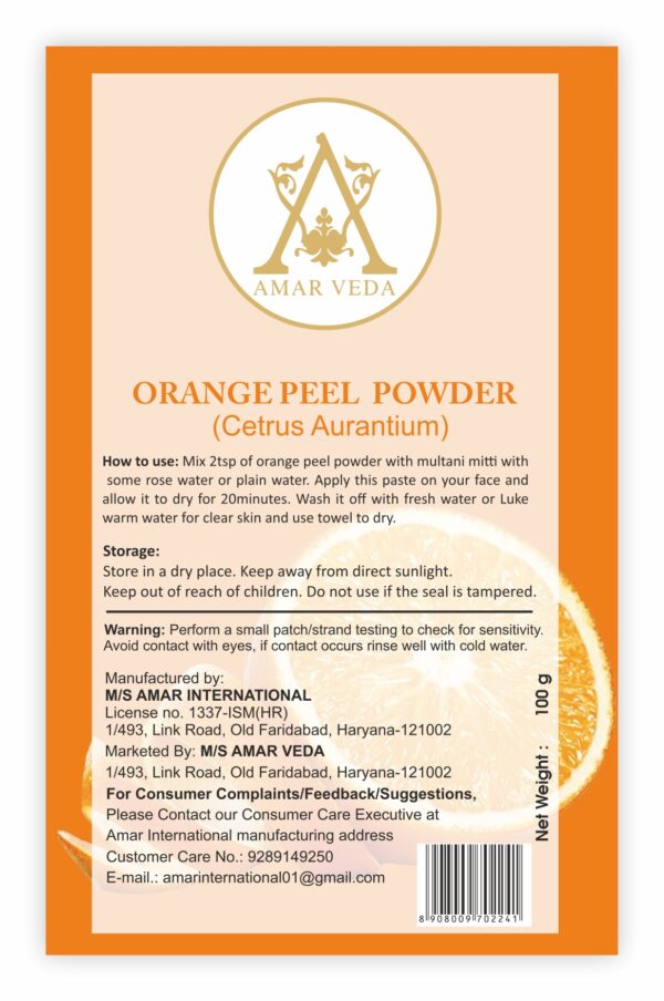 Amar Veda Orange Peel Powder | Cetrus Aurantium | 100% Natural | Skin Hydration and Moisturization