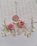 Rainvas rose floral earrings mangtika set in white pink with chain