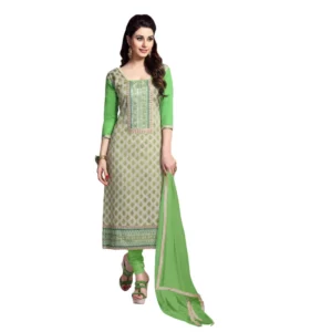 Women's Cotton Unstitched Salwar Suit-Material With Dupatta (Beige, Green,2.2 Mtrs)