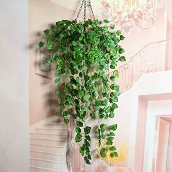 Pack Of 2 Silk Polyester Artificial Watermelon Leaf Vine Hanging Garland Foliage Flowers Leaf Plants For Wall Decoration (Color: Green,Length: 6.5 Feet)