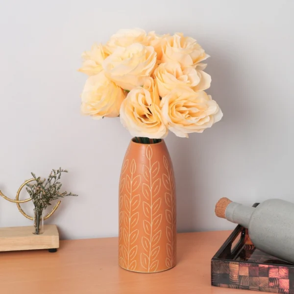 Silk Polyester Artificial Rose Flowers Bunch Bouquet Of 12 Roses For Home Decoration (Color: Cream,Length: 17 Inches)