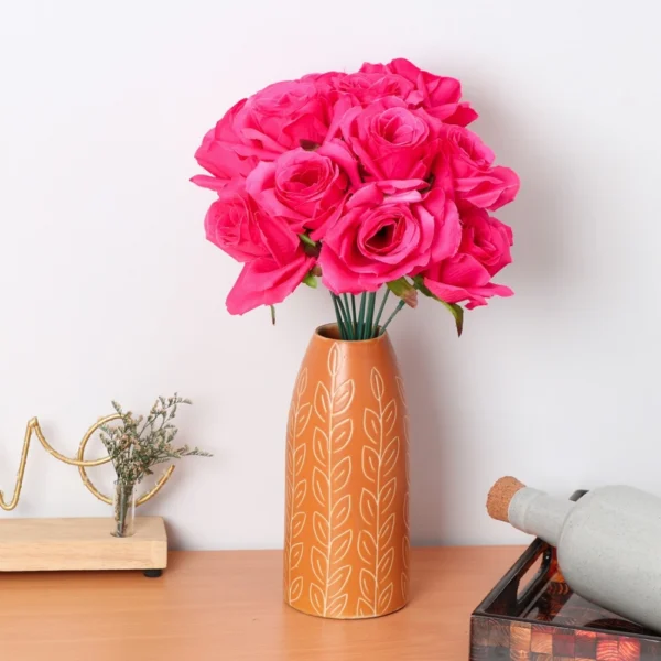 Silk Polyester Artificial Rose Flowers Bunch Bouquet Of 12 Roses For Home Decoration (Color: Pink,Length: 17 Inches)