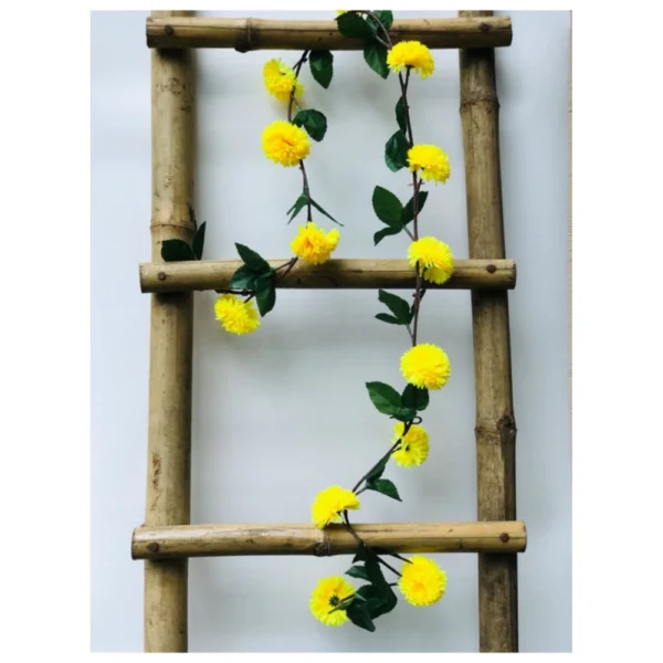 Artificial Yellow Chrysanthemum Dahlia Flower Vine Creeper With Big Green Leaves For Home Decoraton (Color: Yellow, Material: Silk Polyester)