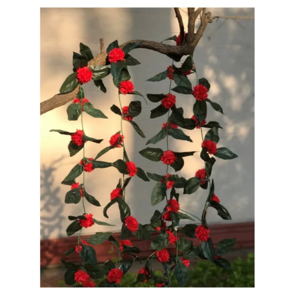Artificial Red Marigold Genda Flower Vine Creeper With Big Green Leaves For Home Decoration (Color: Red, Material: Silk Polyester)