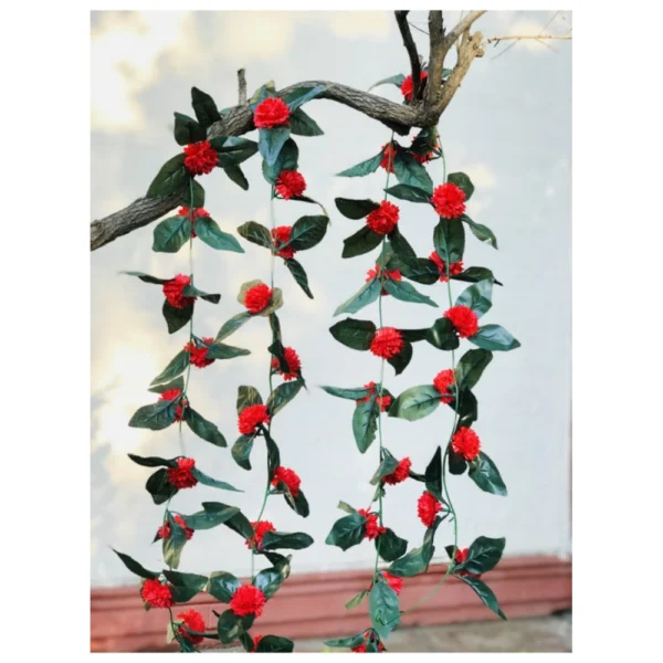 Artificial Red Marigold Genda Flower Vine Creeper With Big Green Leaves For Home Decoration (Color: Red, Material: Silk Polyester)