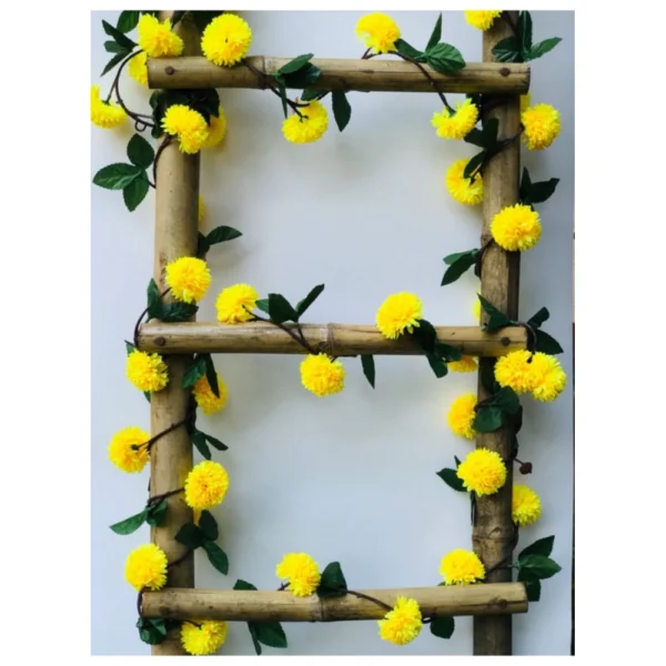 Artificial Yellow Chrysanthemum Dahlia Flower Vine Creeper With Big Green Leaves For Home Decoraton (Color: Yellow, Material: Silk Polyester)