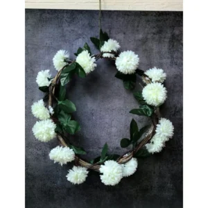 Generic Artificial White Chrysanthemum Dahlia Flower Vine Creeper With Big Green Leaves For Home Decoraton (Color: White, Material: Silk Polyester)