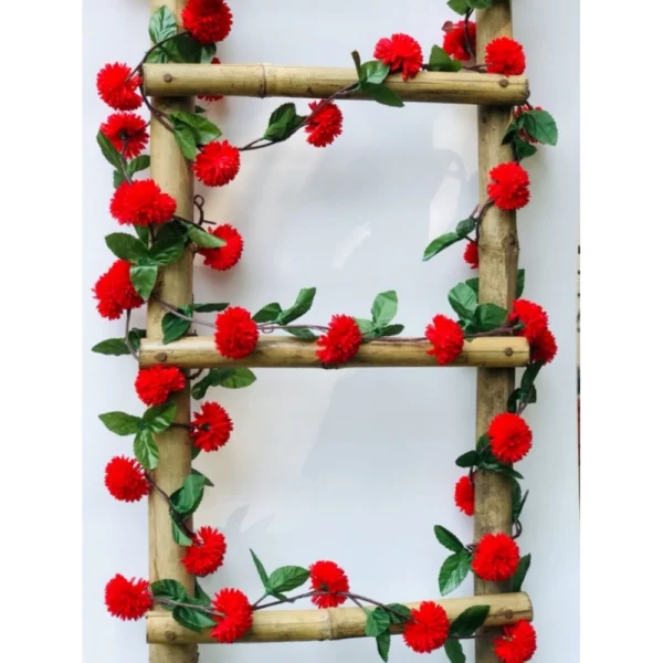 Artificial Red Chrysanthemum Dahlia Flower Vine Creeper With Big Green Leaves For Home Decoraton (Color: Red, Material: Silk Polyester)