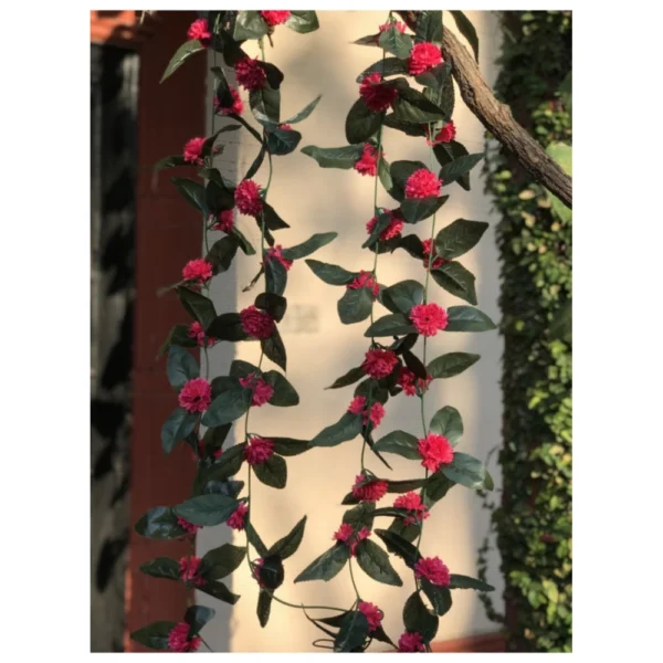 Artificial Dark Pink Marigold Genda Flower Vine Creeper With Big Green Leaves For Home Decoration (Color: DarkPink, Material: Silk Polyester)