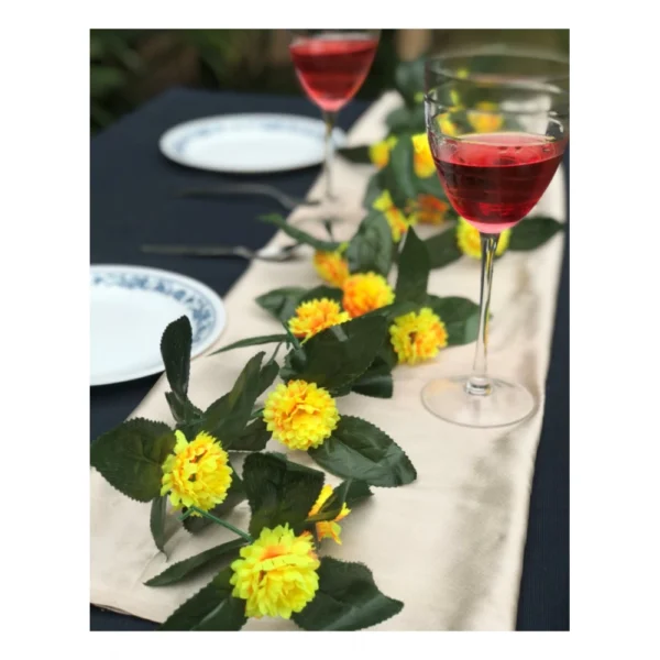Artificial Yellow Marigold Genda Flower Vine Creeper With Big Green Leaves For Home Decoration (Color: Yellow, Material: Silk Polyester)