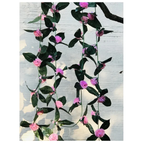 Artificial Light Pink Marigold Genda Flower Vine Creepe With Big Green Leaves For Home Decoration (Color: LightPink, Material: Silk Polyester)