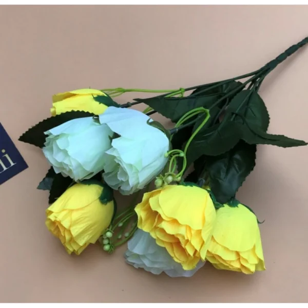 Artificial Rose Flowers Bunch Bouquet Of 7 Roses For Home Decoration (Color: Yellow, Material: Silk Polyester)