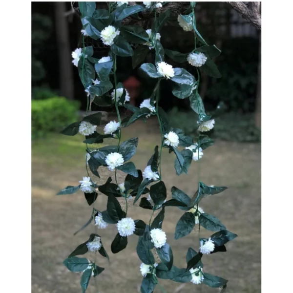 Artificial White Marigold Genda Flower Vine Creeper With Big Green Leaves For Home Decoration (Color: White, Material: Silk Polyester)