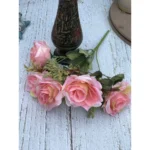 Artificial Flowers Bunch Bouquet Of 5 Vintage Garden Roses For Home Decoration (Peach Pink, Material:Silk, Polyester)