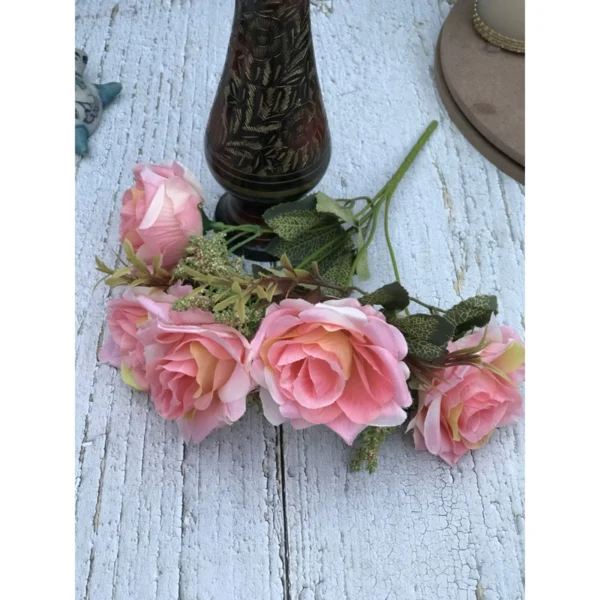 Artificial Flowers Bunch Bouquet Of 5 Vintage Garden Roses For Home Decoration (Peach Pink, Material:Silk, Polyester)