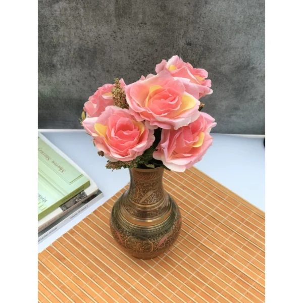 Artificial Flowers Bunch Bouquet Of 5 Vintage Garden Roses For Home Decoration (Peach Pink, Material:Silk, Polyester)