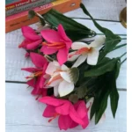 Artificial Flowers Bunch Bouquet Oflily Flowers For Home Decoration (Pink And White, Material:Silk, Polyester)