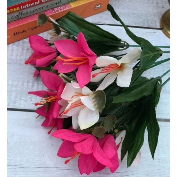 Artificial Flowers Bunch Bouquet Oflily Flowers For Home Decoration (Pink And White, Material:Silk, Polyester)