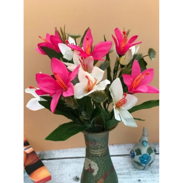 Artificial Flowers Bunch Bouquet Oflily Flowers For Home Decoration (Pink And White, Material:Silk, Polyester)