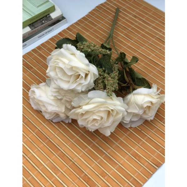 Artificial Flowers Bunch Bouquet Of 5 Vintage Garden Roses For Home Decoration (White, Material:Silk, Polyester)