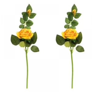 Pack Of_2 Artificial Yellow Velvet Rose Flower Stem With Bud For Home Decoration (Yellow, Material:Silk, Polyester)