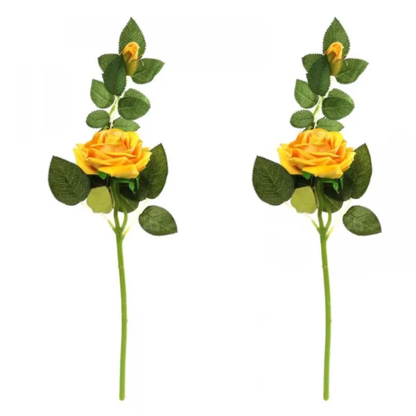 Pack Of_2 Artificial Yellow Velvet Rose Flower Stem With Bud For Home Decoration (Yellow, Material:Silk, Polyester)