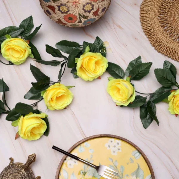 Artificial Rose Vine Flowers With Green Leaves For Home Party Garden Wall Decoration (Yellow, Material:Silk, Polyester)