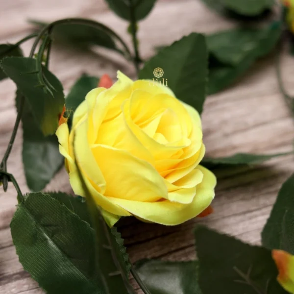 Artificial Rose Vine Flowers With Green Leaves For Home Party Garden Wall Decoration (Yellow, Material:Silk, Polyester)