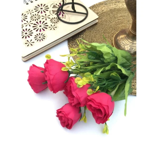 Artificial Flowers Bunch Bouquet Of 6 Garden Roses For Home Decoration (Darkpink, Material:Silk, Polyester)
