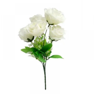 Artificial Flowers Bunch Bouquet Of 5 Roses For Home Decoration (White, Material:Silk, Polyester)