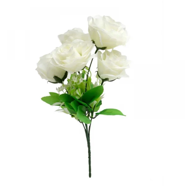 Artificial Flowers Bunch Bouquet Of 5 Roses For Home Decoration (White, Material:Silk, Polyester)