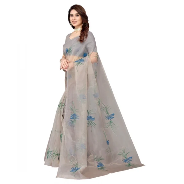 Women's Organza Floral Pattern Sarees (Grey, 5-6 Mtrs)