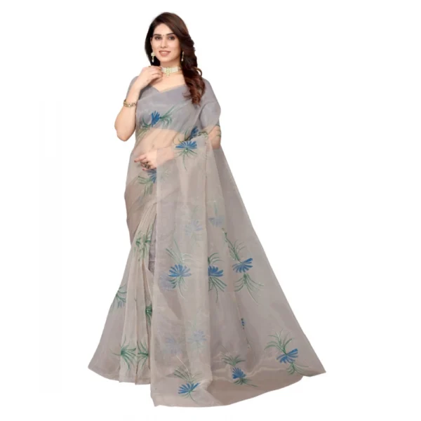 Women's Organza Floral Pattern Sarees (Grey, 5-6 Mtrs)