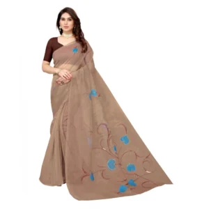 Women's Organza Floral Pattern Sarees (Brown, 5-6 Mtrs)