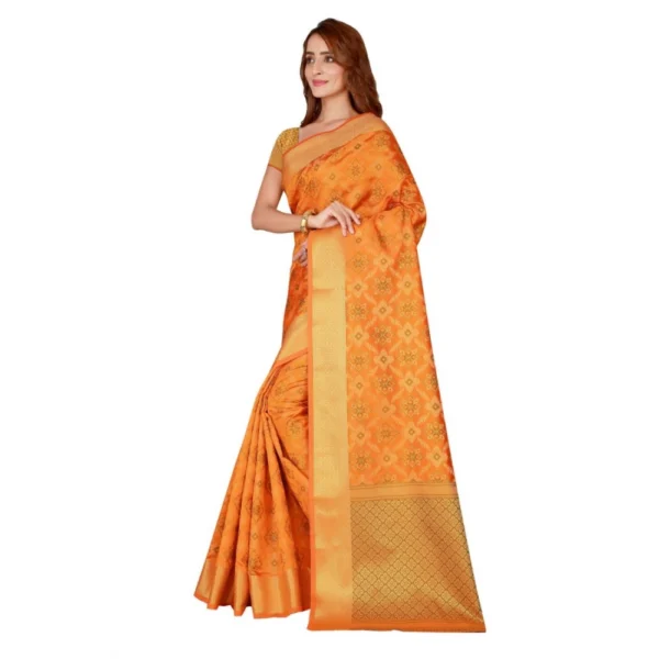 Women's Kanjivaram Silk Saree with Blouse (Yellow, 5-6 Mtrs)