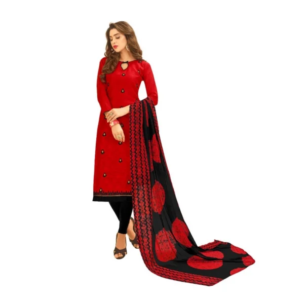 Women's Cotton Jacquard Unstitched Salwar-Suit Material With Dupatta (Red, 2 Mtr)