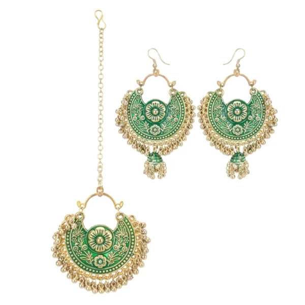 Women's Gold Oxidized Earrings and Maang Tikka-Green