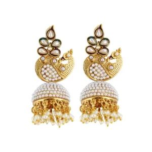 Women's Stylish Pearl Hook Dangler Hanging Jhumki Earrings-Golden