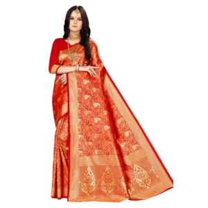 Women's Banarasi silk Saree with Blouse (Red, 5-6mtr)