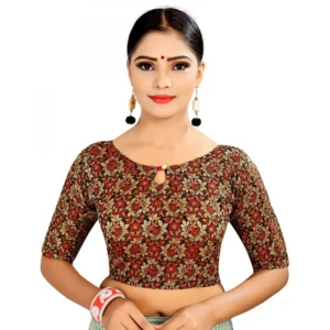 Women's Brocade, Inner-Cotton Full Stitched Padded Blouse (Black Red)