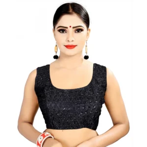 Women's Satin Silk, Inner-Cotton Full Stitched Padded Blouse (Black)