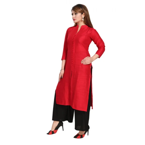 Women's Silk Self Pattern Straight Kurti-Red